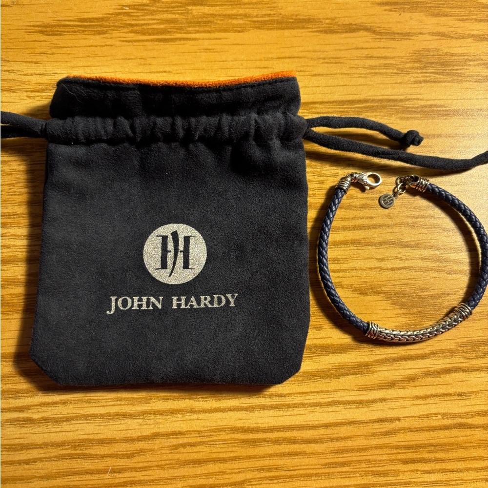 John Hardy Navy Leather and Silver Woven Bracelet